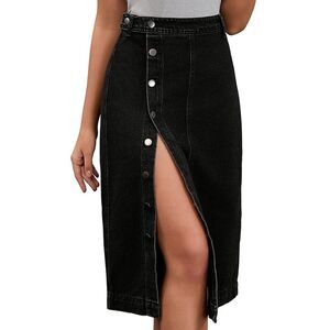 Women's Denim Midi Skirt Button Up Casual Slit Jean Skirts Black